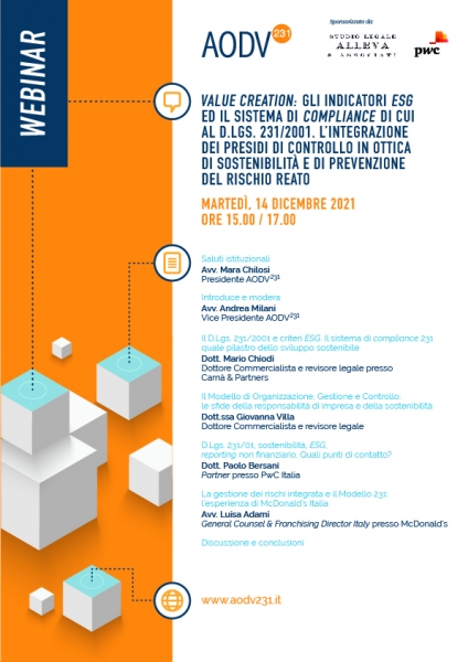 Value creation: gli indicatori ESG ed il sistema di compliance di cui al D.Lgs. 231/2001. L’integrazione dei presidi di controllo in ottica di sostenibilità e di prevenzione del rischio reato